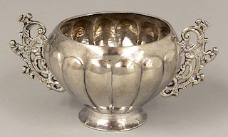 SMALL SPANISH COLONIAL SILVER HANDLED RIBBED BOWL