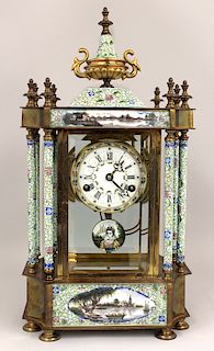 FRENCH ENAMEL AND BRASS MANTEL CLOCK