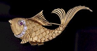 18K GOLD DIAMOND AND RUBY FISH PIN, <span style="font-style:italic;" >CARTIER