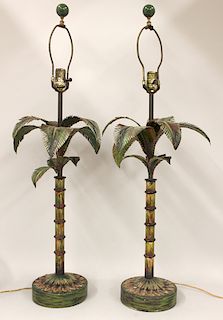 PAIR OF PAINTED TOLE PALM TREE TABLE LAMPS
