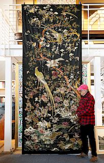 Rare Monumental 19th Century Chinese Embroidery Depicting Various Exotic Birds in a Landscape