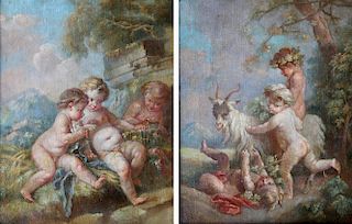 Late 18thc. French School, follower of Francois Boucher (French 1703-1770) Three Putti with a Captured Dove & Three Putti Frolicking with a Goat