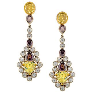 White Yellow Purple Diamond Drop Platinum Earrings