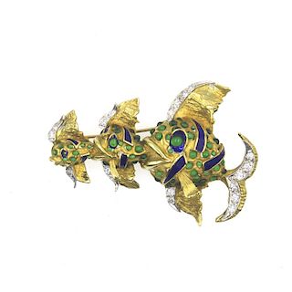 Diamond Enamel 18 Karat Yellow Gold Fish Pin