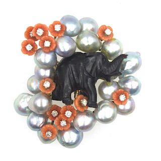 1960's Diamond Coral Pearl Carved Obsidian Brooch
