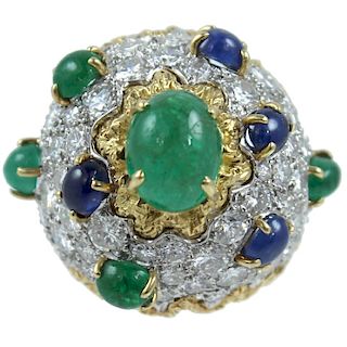 18 Karat Sapphire, Emerald & Diamond Fashion Ring.