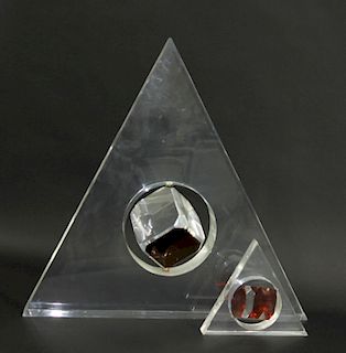 2 Large Lucite Trigangle Floating Cube Sculptures.