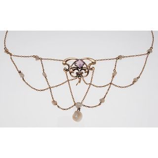 14 Karat Yellow Gold Art Nouveau Amethyst and Pearl Necklace