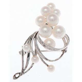 Mikimoto Sterling Silver and Pearl Brooch