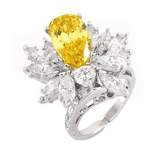 Vintage Circa 1960s Approx. 3.0 Carat Pear Shape Fancy Intense Yellow Diamond, 4.75 Carat Marquise, Round Brilliant and Baguette Cut Diamond and Plati