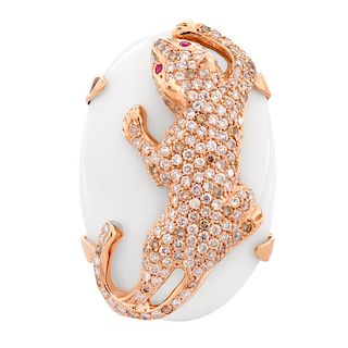Approx. 1.50 Carat Pave Set Round Brilliant Cut Diamond, White Coral and 18 Karat Rose Gold Panther Ring. Diamonds H color, SI2 clarity.
