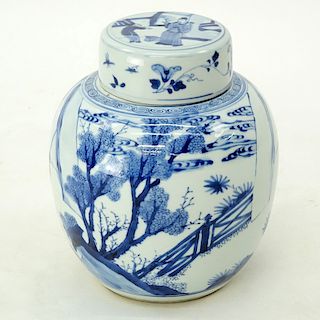 19th Century Chinese Blue And White Figural Covered Ginger Jar. Signed.