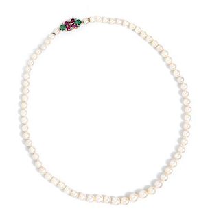 A Single Strand Cultured Pearl Necklace with Gold and Gem Clasp,