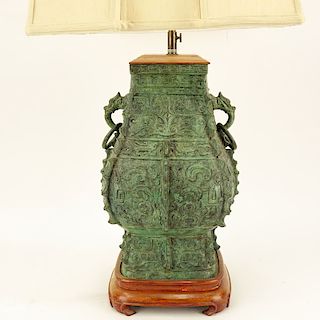 A Chinese Archaic Style Patinated Bronze Vase Mounted as Lamp with Shade.
