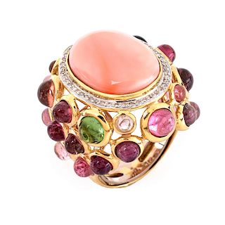 Vintage Angel Skin Coral, Cabochon Tourmaline,  Diamond and 14 Karat Yellow Gold Ring. Coral measures 19mm x 14mm.