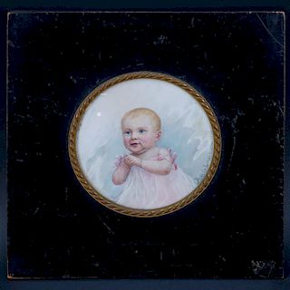 Early 20th Century French Portrait Miniature "Baby Girl". Signed B. de la loe Longuiniere. Good condition. Measures 4-5/8" Diameter, frame measures 9-