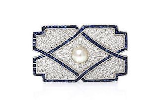 A White Gold, Diamond, Cultured Pearl and Sapphire Brooch, 5.50 dwts.