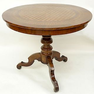 Antique American Round Carved Pedestal Table with Parquetry Inlaid Top. Stamped mark on underside.