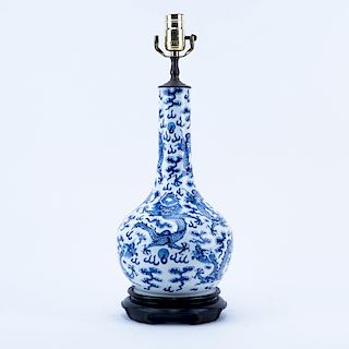 20th Century Chinese Blue and White Porcelain Vase Mounted as Lamp. Signed to base.