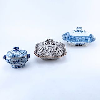 Three (3) English Transferware Pottery Covered Serving Dishes. Signed Copeland Spode. 