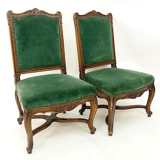 Pair of Antique French Carved Wood and Vert Velvet Upholstered Side Chairs.