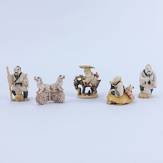 Collection of Five (5) Japanese Carved Ivory Netsuke. Some signed.