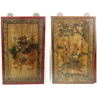Pair of Mid to Late 20th Century Chinese Wood Panels Depicting Warriors.