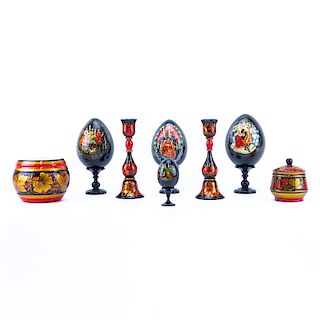 Collection of Eight (8) Russian Handpainted Lacquer Decorative Objects. 