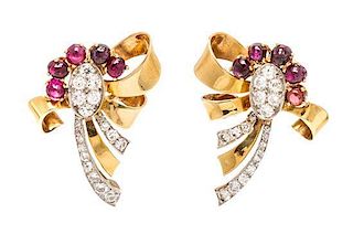A Pair of Retro Platinum, Gold, Diamond and Ruby Earrings, 5.60 dwts.