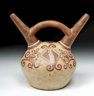 Moche Pottery Fineline Double Spout Vessel - Rare Form