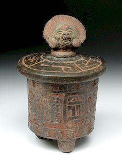 Mayan Carved Pottery Lidded Cache Vessel