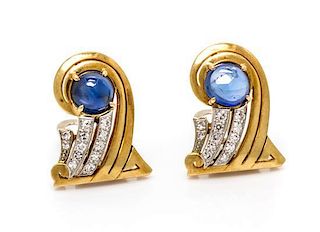A Pair of Retro Platinum, Gold, Diamond and Sapphire Dress Clips, 13.95 dwts.
