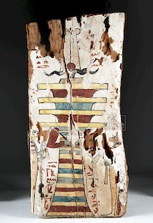 Egyptian Wooden Sarcophagus Panel - Djed, Anubis, Horus