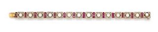 An Antique Platinum Topped Gold, Ruby, Pearl and Diamond Bracelet, Circa 1900, 20.45 dwts.
