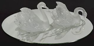 2 Lalique "Miroir" Crystal Swans on Plateau