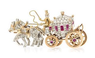 A Platinum, Yellow Gold, Diamond and Synthetic Ruby Horse Drawn Carriage Brooch, 16.90 dwts.