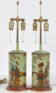 Pr. English 19th C. Tole Biscuit Tin Lamps