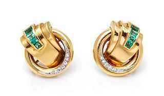 A Pair of Retro 18 Karat Yellow Gold, Platinum, Emerald and Diamond Earrings, 7.00 dwts.