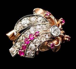 A Retro Platinum Topped Gold, Diamond and Ruby Ring, 6.90 dwts.