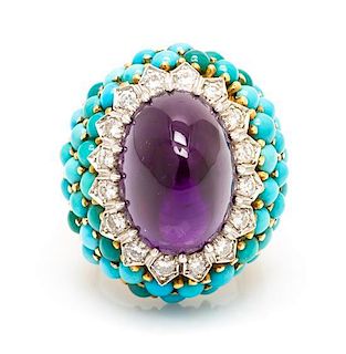An 18 Karat Gold, Amethyst, Turquoise and Diamond Ring, 16.90 dwts.
