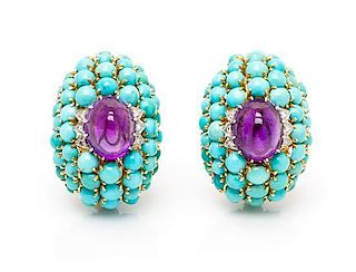 A Pair of 18 Karat Yellow Gold, Amethyst, Turquoise and Diamond Earclips, 16.35 dwts.