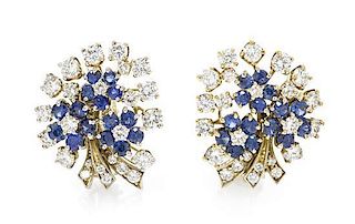 A Pair of Vintage Platinum, Sapphire and Diamond Earclips, 14.00 dwts.