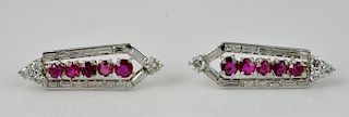 Platinum, Diamond & Ruby Geometric Earrings