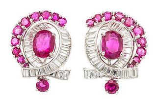 A Pair of Platinum, Diamond and Ruby Earclips, Circa 1950, 8.70 dwts.