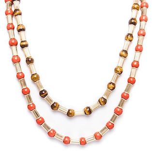 A Collection of Yellow Gold, Coral and Tigers Eye Quartz Bead Necklaces, 87.20 dwts.