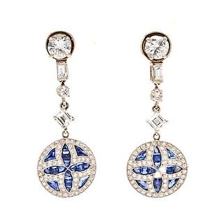 A Pair of Platinum, White Gold, Diamond and Sapphire Earrings, 4.60 dwts.
