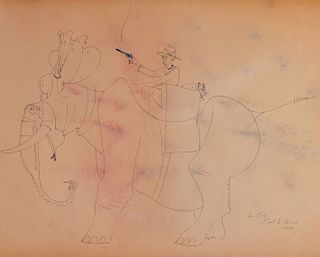 Paul Bough Travis (American, 1891-1975) Great White Hunter, Self Portrait of Paul Travis on an Elephant, 1956
