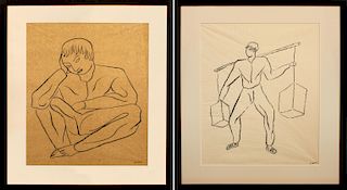 Two Ink Drawings, Man Sitting and Laboring Man
