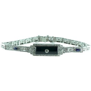 Deco Platinum Diamond Onyx Filigree Bracelet