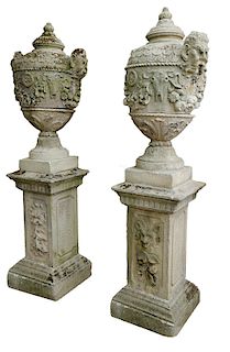 A Wonderful Pair of Monumental Carved Limestone Urns on Carved Pedestals